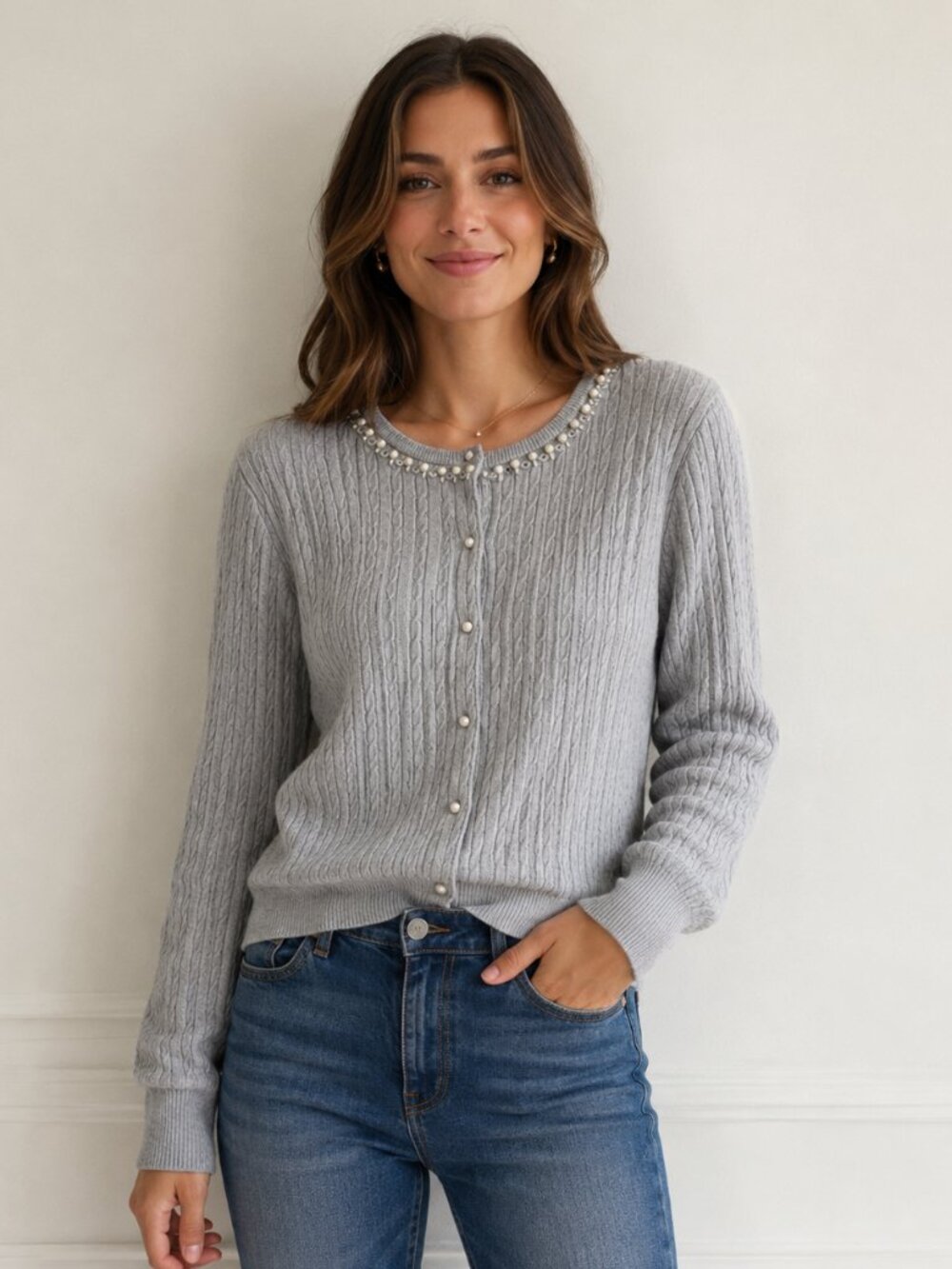 Tommy Hilfiger Women’s Gray Cable Knit Pearl Button Cardigan Sweater Size XL